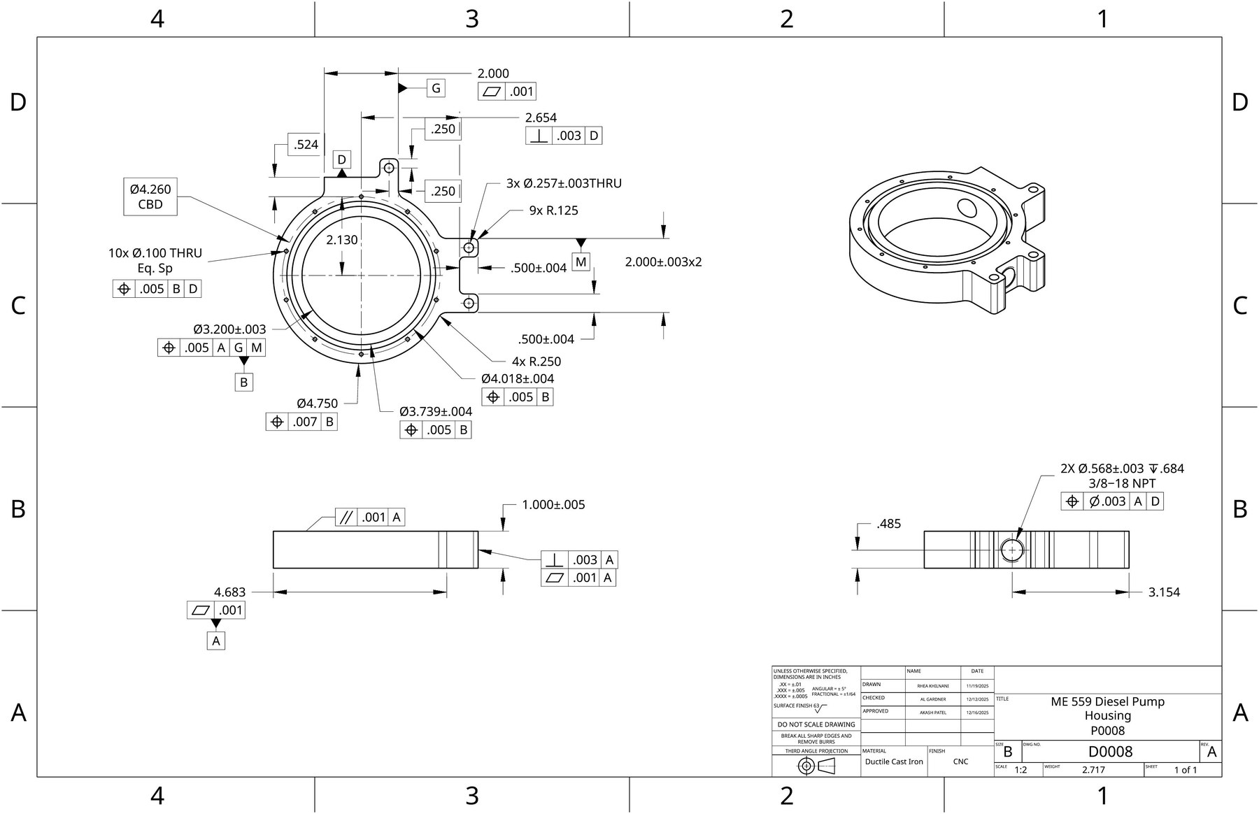 Machined housing part drawing with true position, flatness, and NPT thread callouts across four datums