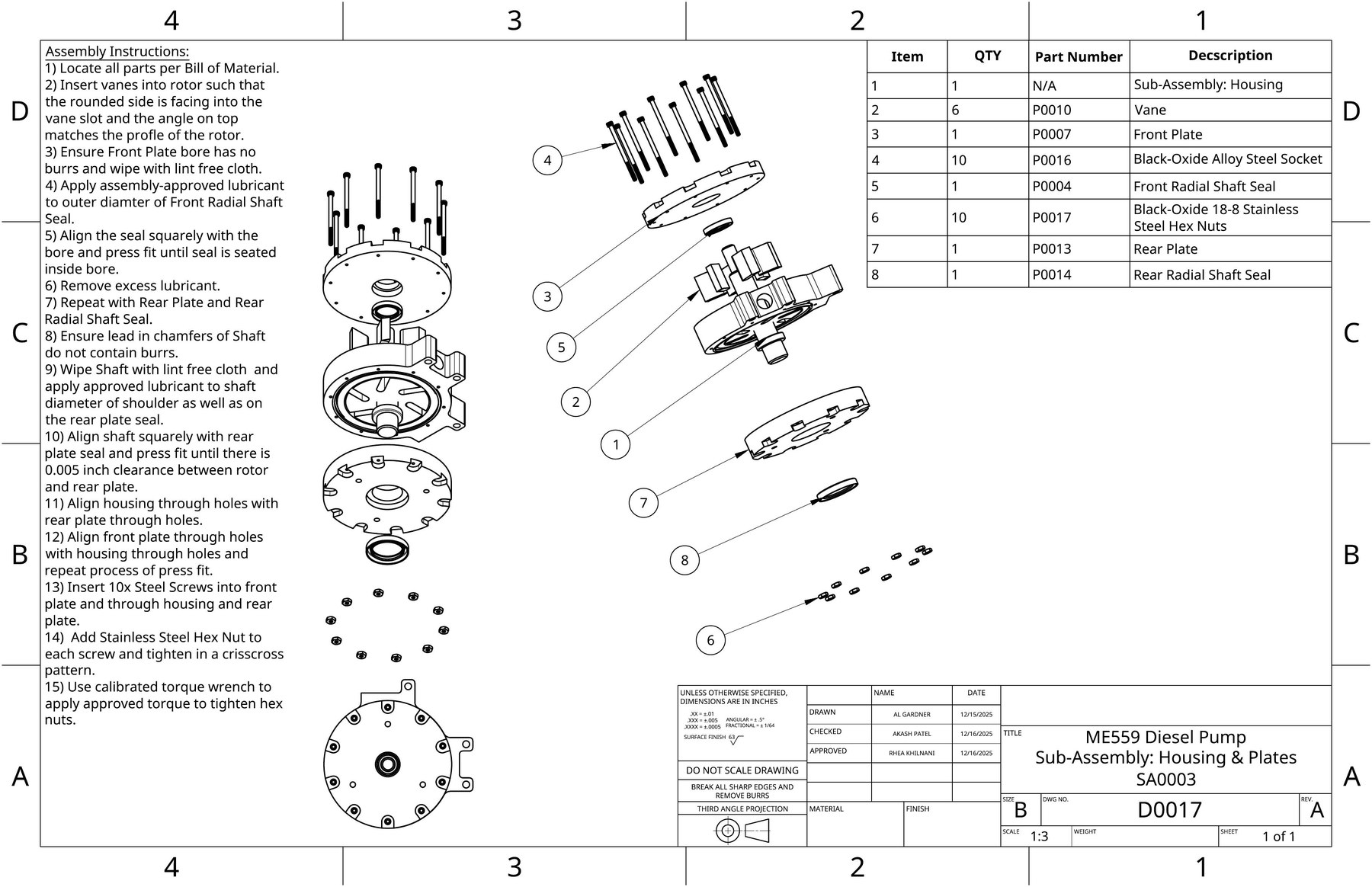Housing and plates sub-assembly drawing with a 15-step written assembly procedure and exploded view