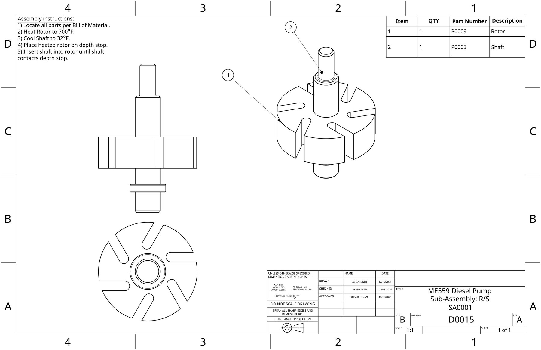 Rotor and shaft sub-assembly drawing with a written shrink-fit assembly procedure
